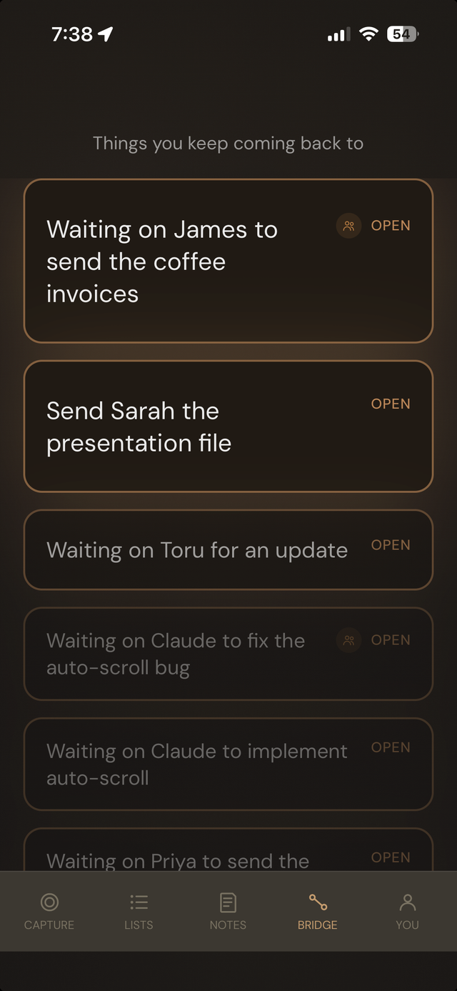 Hey Toru! Bridge showing a list of open loops under Things you keep coming back to