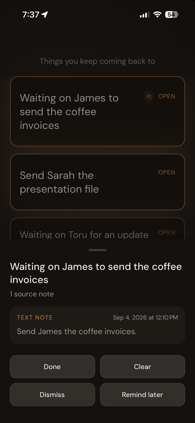 Hey Toru! Bridge evidence sheet showing the source note and action buttons