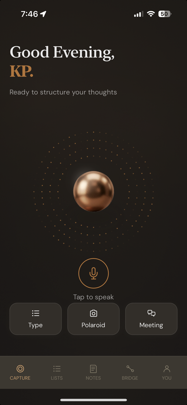 Hey Toru! home screen with Tap to speak, Type, Polaroid, and Meeting options