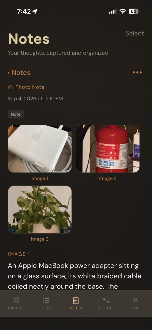 Hey Toru! Polaroid note with three photographed objects, each with an AI-written description