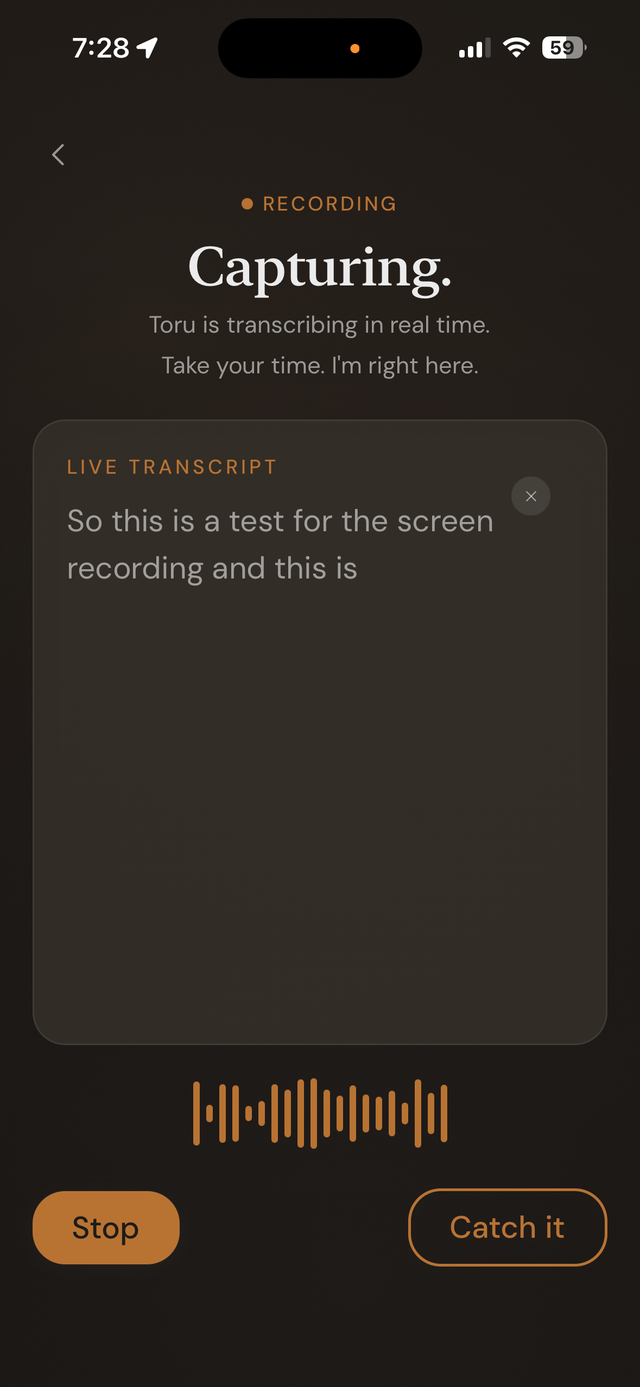 Hey Toru! voice capture screen showing live transcription