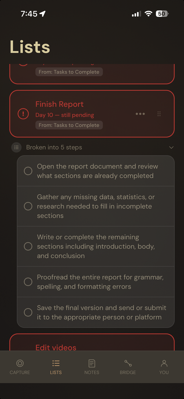 Hey Toru! stuck task broken into 5 smaller steps