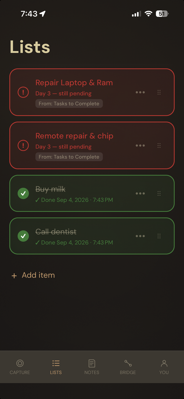 Hey Toru! list showing completed items in green and overdue items in red with day counts