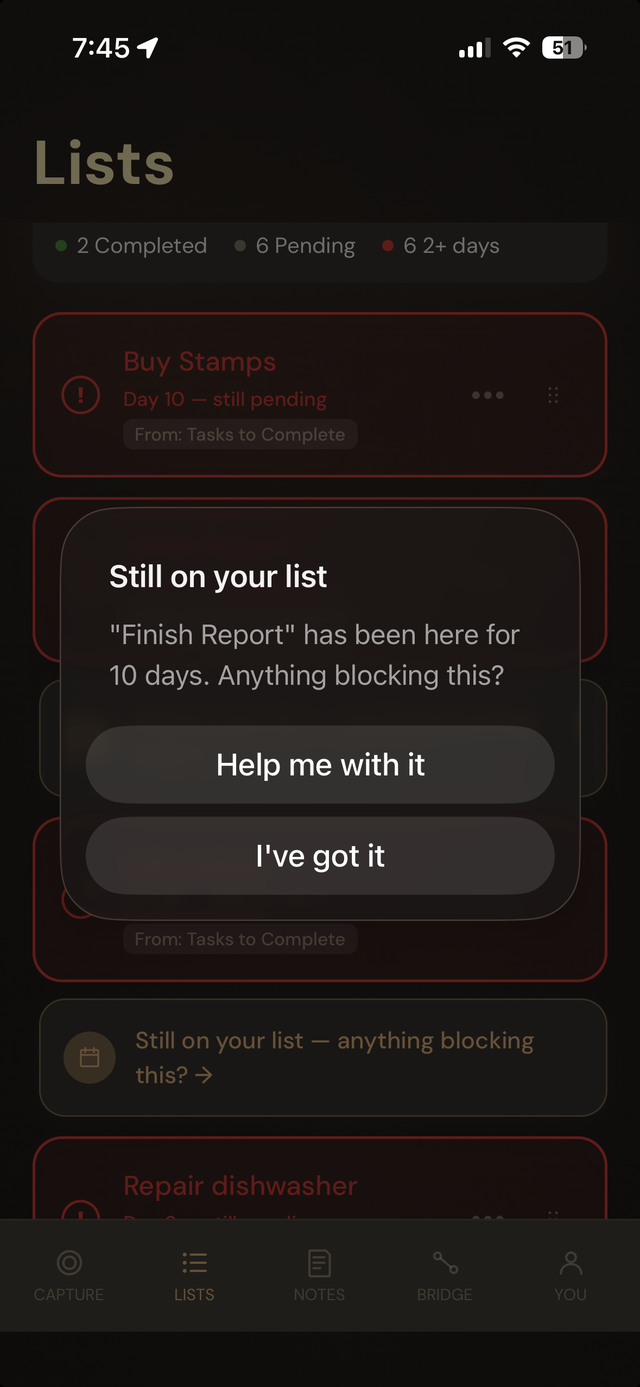 Hey Toru! 7-day check-in dialog asking if something is blocking a stuck task