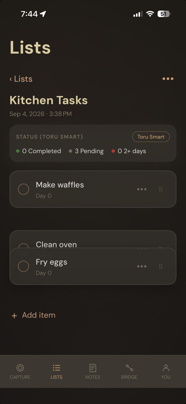 Hey Toru! list showing an item being dragged to reorder