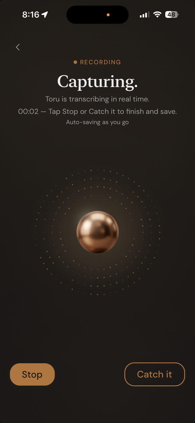 Hey Toru! Meeting Mode capturing screen with live timer and auto-save