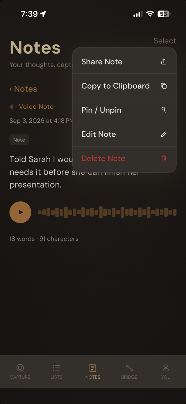 Hey Toru! note detail view with voice playback and action menu