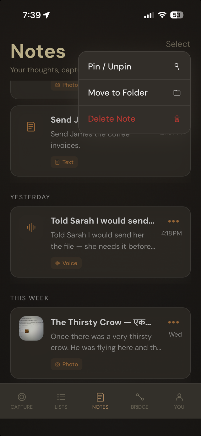 Hey Toru! Notes list grouped by day with type tags