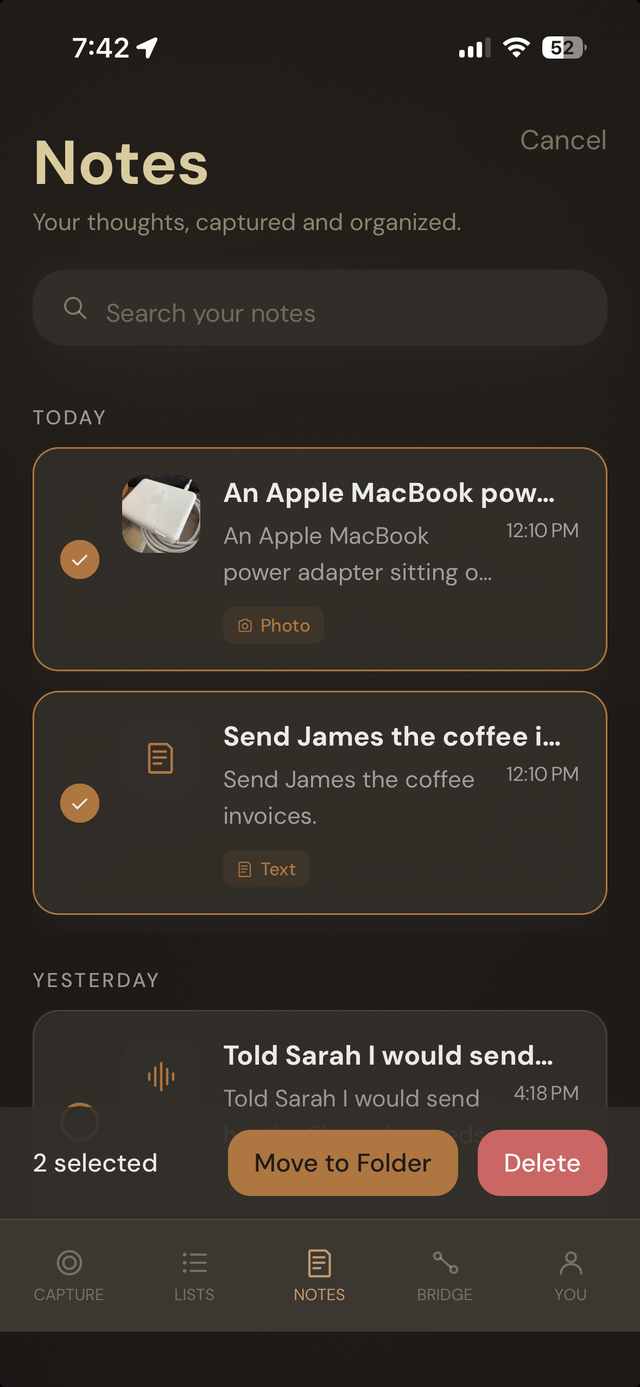 Hey Toru! Notes search bar and multi-select with bulk actions