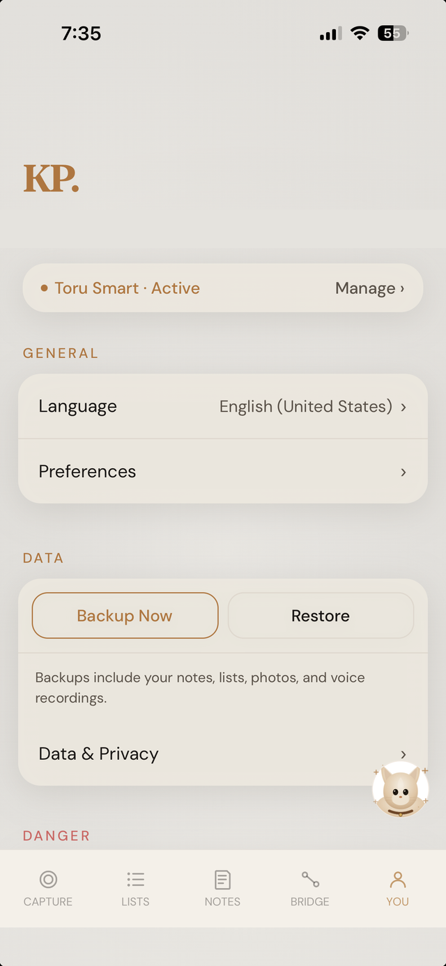 Hey Toru! You Tab overview with subscription status and data controls