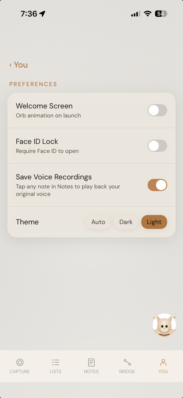 Hey Toru! Preferences screen with Welcome Screen, Face ID, and Theme toggles