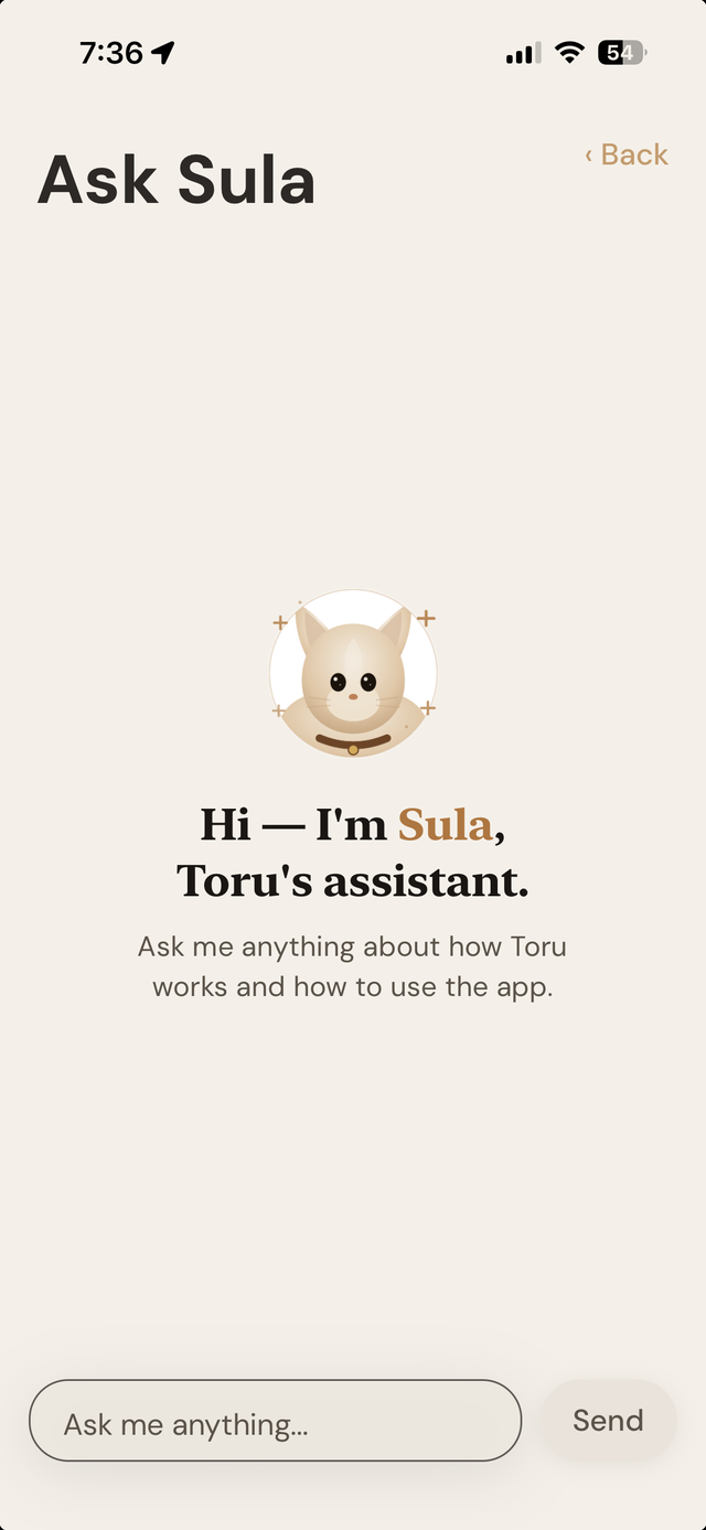 Ask Sula, Hey Toru!'s in-app assistant
